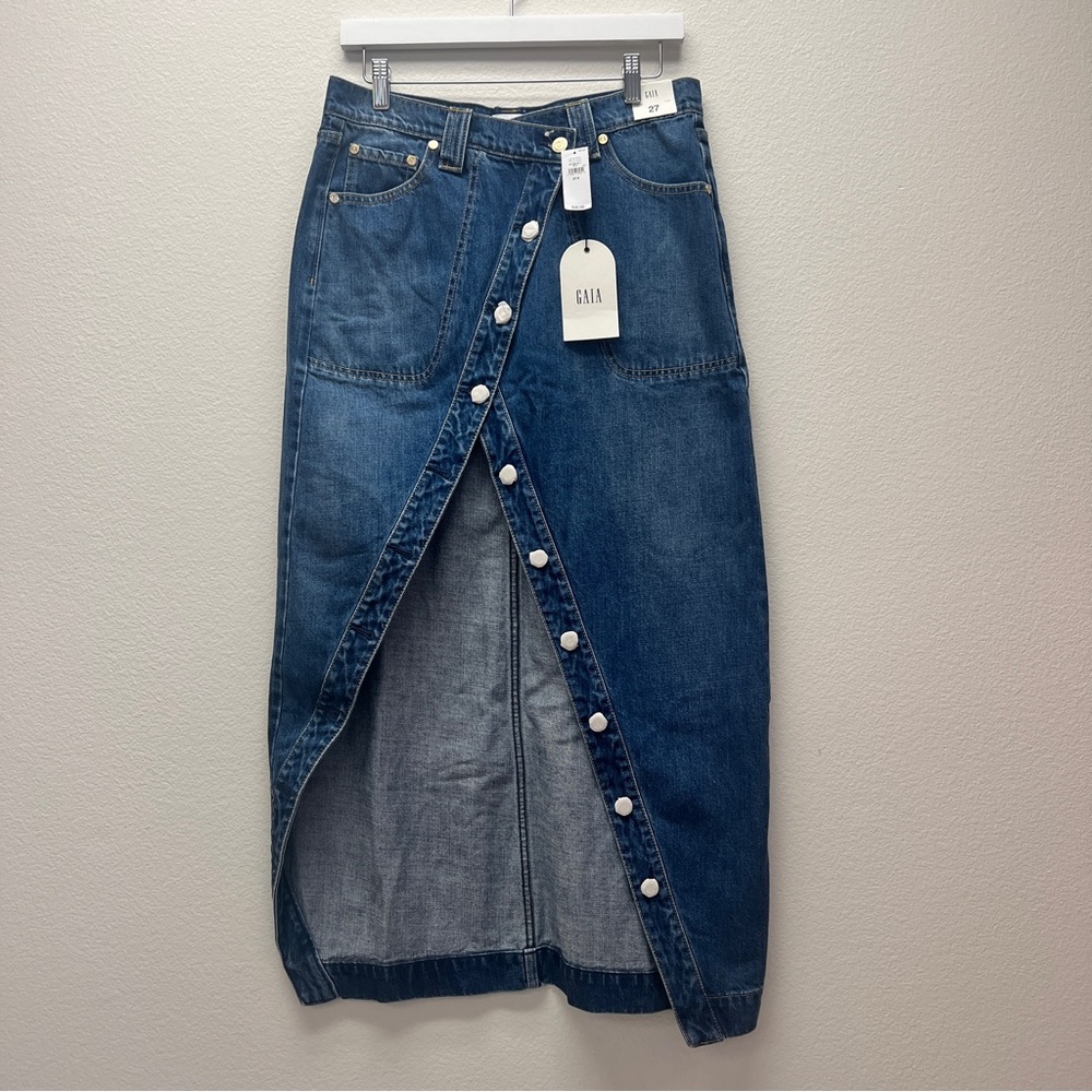 Gap X CULT GAIA Dark Blue Denim Maxi Skirt with Front Snap Closure